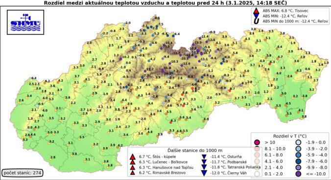 Rozdiel v teplotách v piatok po 14.00 SEČ v porovnaní so štvrtkom po druhej hodine popoludní.