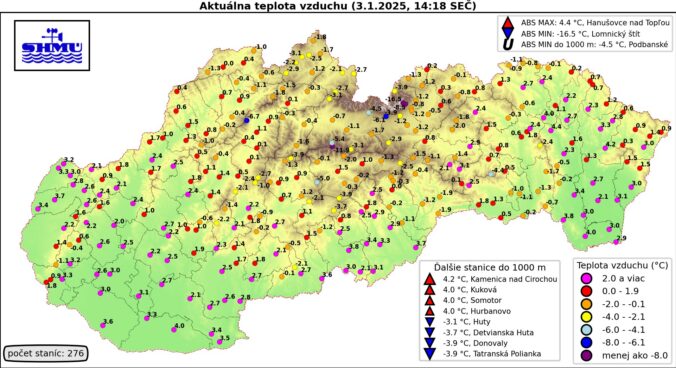 Teplota v nižších polohách v piatok o 14.00 SEČ.