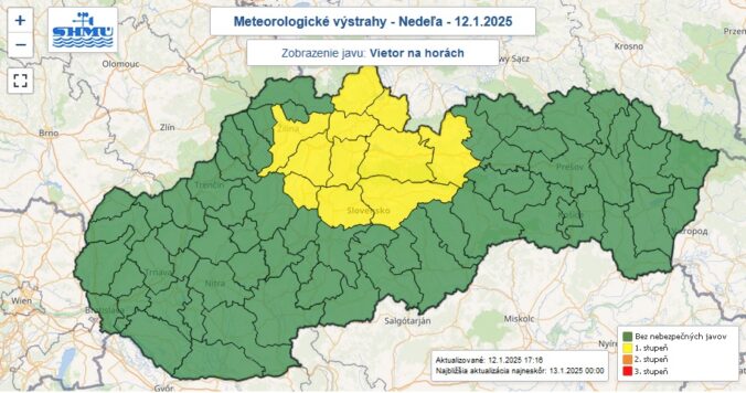 Varovanie prvého stupňa pred silným vetrom na horách je vydaná pre žltou farbou označené okresy Slovenska.