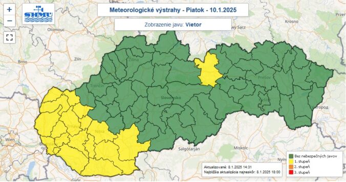 Varovanie prvého stupňa pred silným vetrom vydané na piatok 10. januára 2024.