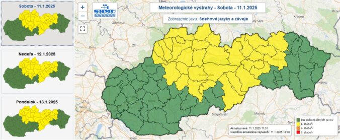 Výstraha pred snehovými jazykmi a závejmi je vydaná pre žltou farbou označené okresy Slovenska.