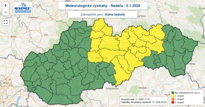 Výstraha prvého stupňa pred nízkymi teplotami je vydaná pre 19 okresov Slovenska.