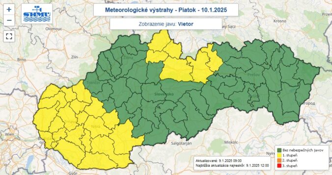 Výstraha prvého stupňa pred silným vetrom je na piatok 10. januára 2024 vydaná pre žltou farbou označené okresy Slovenska.