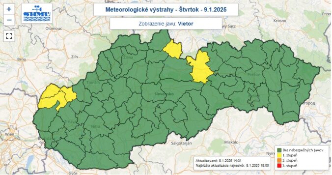 Výstraha prvého stupňa pred silným vetrom je na štvrtok 9. januára vydaná pre 5 okresov Slovenska.