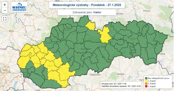 Výstraha prvého stupňa pred silným vetrom platí v pondelok pre žltou farbou označené okresy Slovenska.