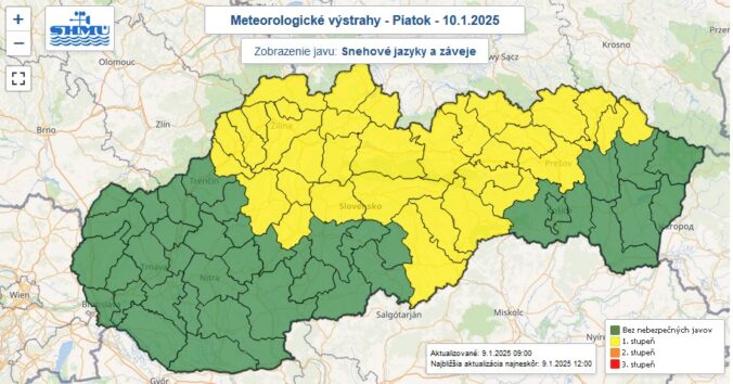 Výstraha prvého stupňa pred snehovými jazykmi a závejmi je na piatok 10. januára vydaná pre žltou farbou označené okresy Slovenska.