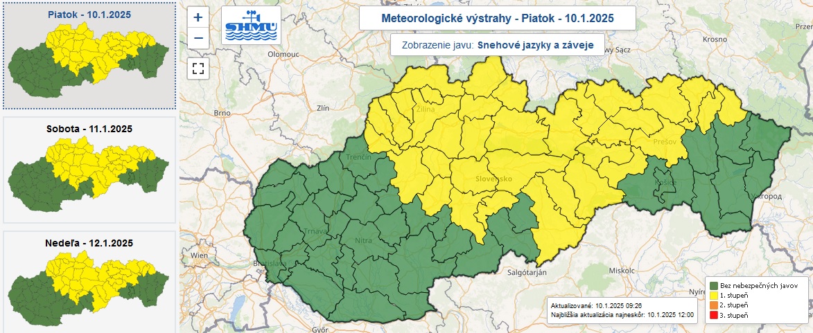 Výstraha prvého stupňa pred snehovými jazykmi a závejmi je v piatok vydaná pre žltou farbou označené okresy Slovenska.