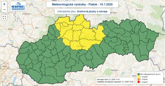 Výstraha prvého stupňa pred snehovými jazykmi je na piatok 10. januára 2024 vydaná pre okresy označené žltou farbou.