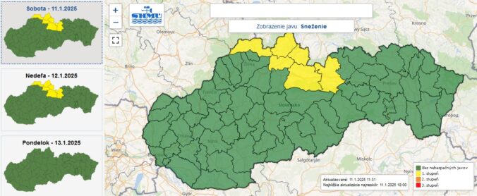 Výstraha prvého stupňa pred snežením je vydaná pre šesť okresov Slovenska.