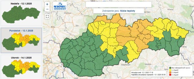 Výstrahy prvého a druhého stupňa pred nočnými nízkymi teplotami.