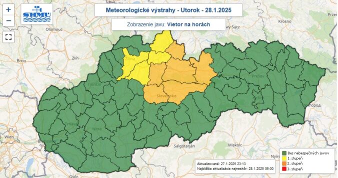 Výstrahy prvého aj druhého stupňa pred silným vetrom na horách vydané na utorok 28. januára 2025.