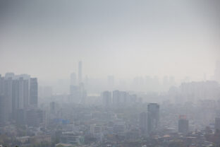 Seoul, South Korea, city view from above, cityscape, smog and problems with clean air and ecology