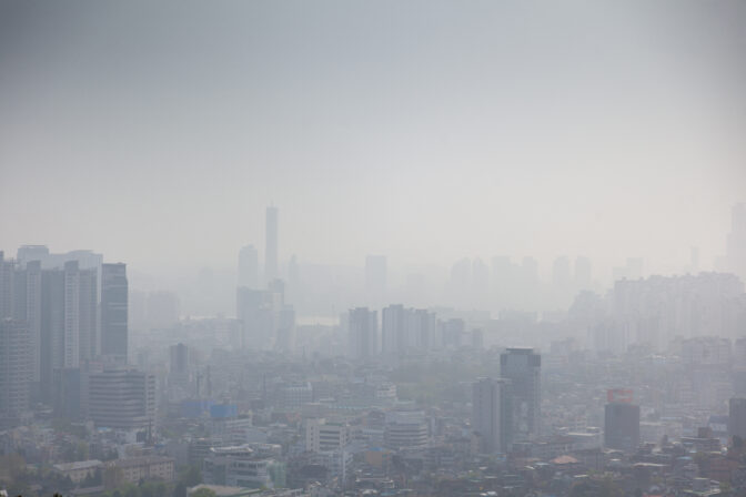 Seoul, South Korea, city view from above, cityscape, smog and problems with clean air and ecology