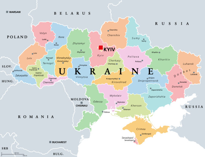 Ukraine, country subdivision, colored political map