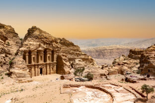 The Monastery or Ad Deir at beautiful sunset in Petra ruin and ancient city of Nabatean kingdom, Jordan, Arab, Asia