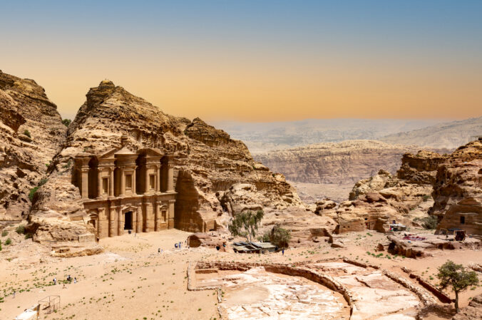 The Monastery or Ad Deir at beautiful sunset in Petra ruin and ancient city of Nabatean kingdom, Jordan, Arab, Asia