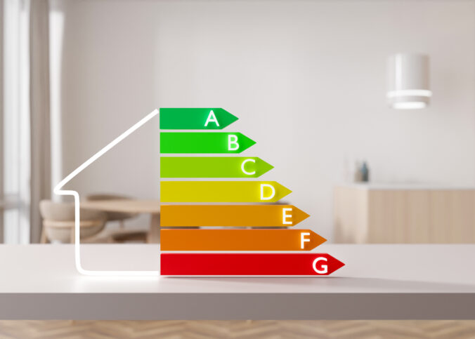 Šetrenie energie: Energetická efektívnosť domácnosti zobrazená na stupni energetického pozadia vyskúšaná od A po G na modernej obývačky.