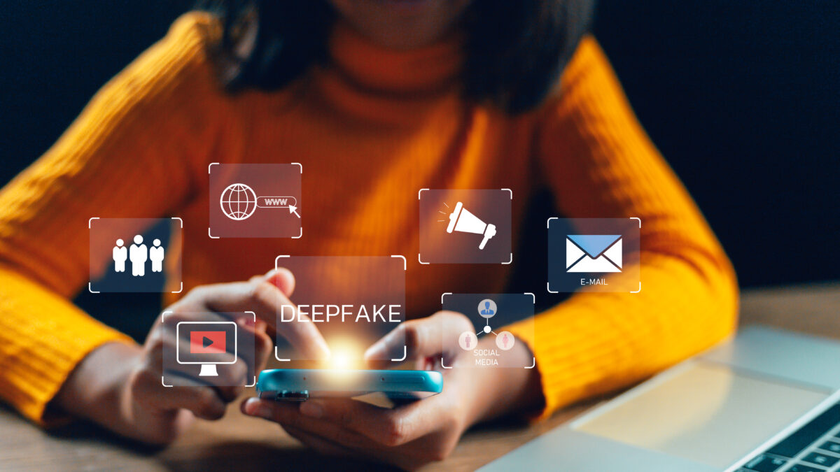 Deepfake deep learning fake news generator modern internet technology concept.