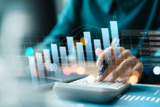 Businesswoman use laptop and calculator analyzing company growth, future business growth arrow graph, development to achieve goals, business outlook, financial data for long term investment.