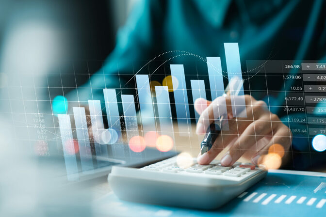 Businesswoman use laptop and calculator analyzing company growth, future business growth arrow graph, development to achieve goals, business outlook, financial data for long term investment.