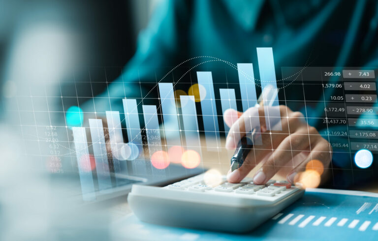 Businesswoman use laptop and calculator analyzing company growth, future business growth arrow graph, development to achieve goals, business outlook, financial data for long term investment.