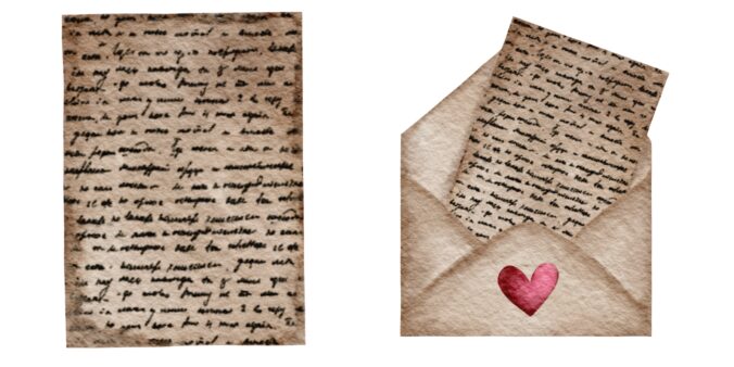 Handwritten love letter and envelope with a heart symbol in vintage style