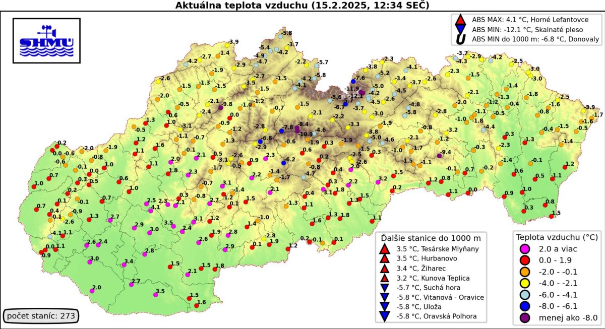 Teploty vzduchu v sobotu 15. februára 2025 okolo poludnia.