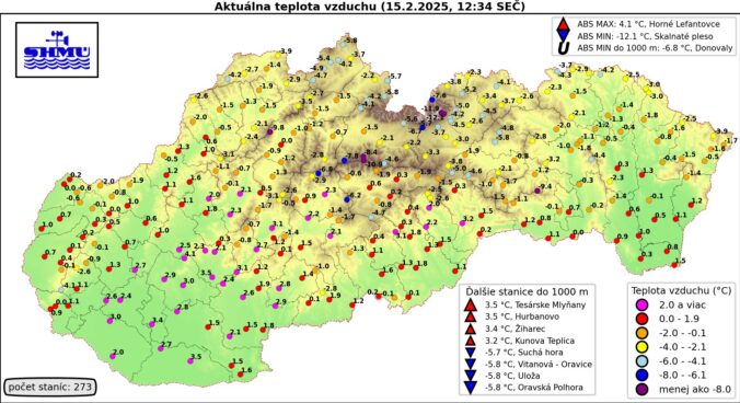 Teploty vzduchu v sobotu 15. februára 2025 okolo poludnia.