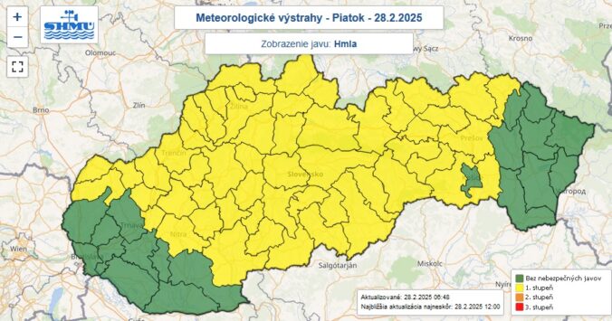 Výstraha prvého stupňa pred hmlou vydaná do piatka 9:00 ráno.