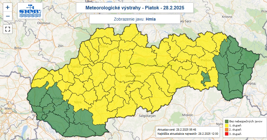 Výstraha prvého stupňa pred hmlou vydaná do piatka 9:00 ráno.