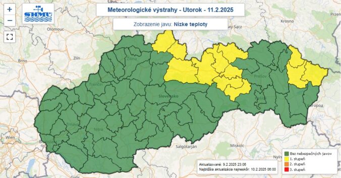 Výstraha prvého stupňa pred nízkymi teplotami je vydaná pre žltou farbou označené okresy Slovenska.