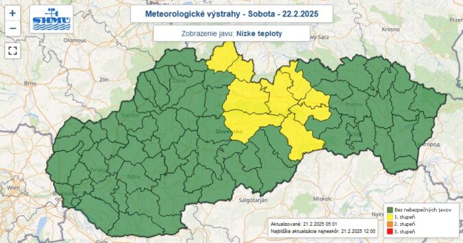 Výstraha prvého stupňa pred nízkymi teplotami vydaná na noc z piatka na sobotu.