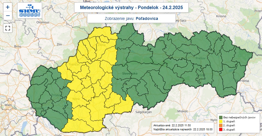 Výstraha prvého stupňa pred poľadovicou vydaná na noc z nedele na pondelok.