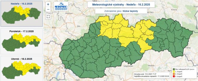 Výstrahy prvého stupňa pred nízkymi nočnými teplotami.