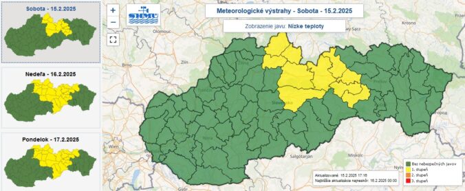 Žlté výstrahy prvého stupňa pred nízkymi teplotami vydané na nasledujúce noci.