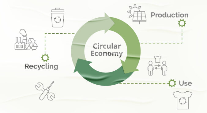 Circular economy concept. Glued paper style banner in green color. Waste recycling cycle. Reasonable consumption. Circle vector illustration.