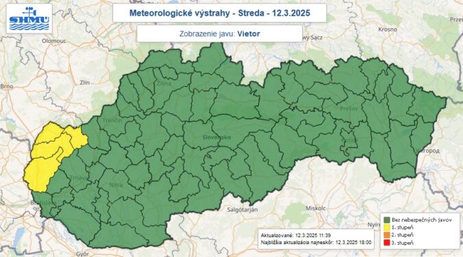 Meteorológovia v stredu pred 12.00 zaktualizovali výstrahu prvého stupňa pred silným vetrom a žlté ostali iba tri okresy.