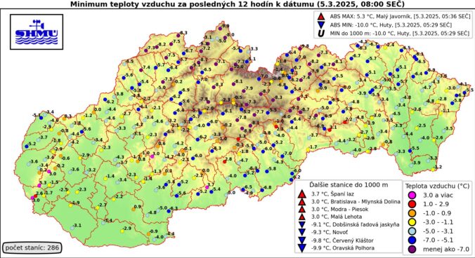 Minimálne teploty vzduchu v stredu 5. marca 2025.