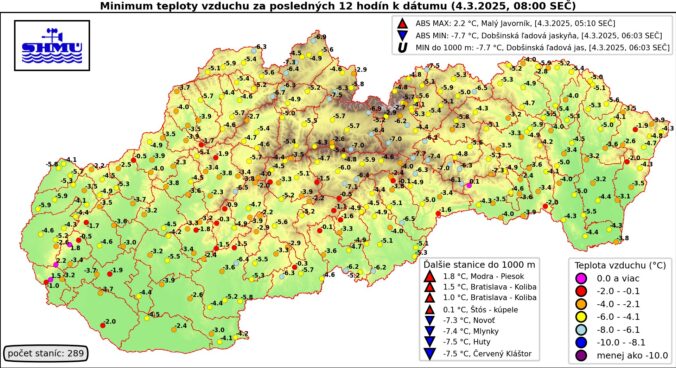 Minimum dennej teploty vzduchu na Slovensku - 4. marec 2025.