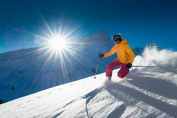 Girl,Telemark,Skiing,Snow,Slope,In,Mountains