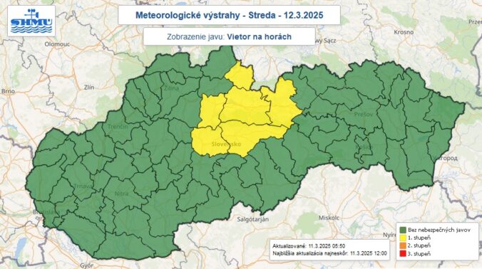 Výstraha pred silným vetrom na horách je v stredu 12. marca 2025 vydaná pre vyššie položené oblasti v šiestich okresoch Slovenska.