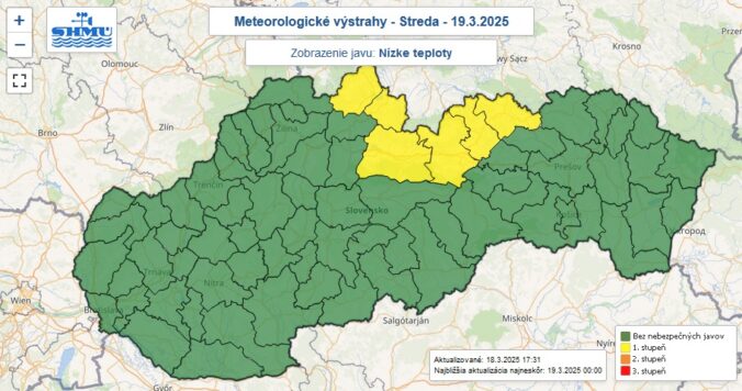 Výstraha prvého stupňa pred nízkymi teplotami je na noc z utorka na stredu vydaná pre šesť okresov označených žltou farbou.