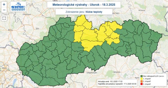 Výstraha prvého stupňa pred nízkymi teplotami vydaná na noc z pondelka na utorok.