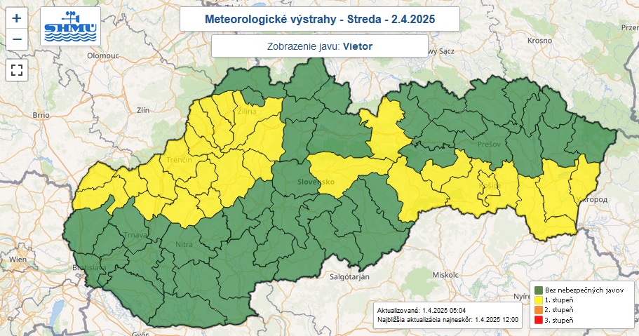 Výstraha prvého stupňa pred silným vetrom je vydaná na stredu 2. apríla 2024 pre žltou farbou označené okresy Slovenska.
