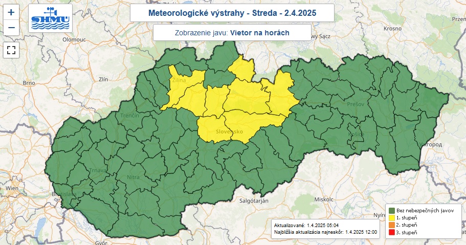 Výstraha prvého stupňa pred silným vetrom na horách je na stredu 2. apríla 2024 vydaná pre osem okresov.