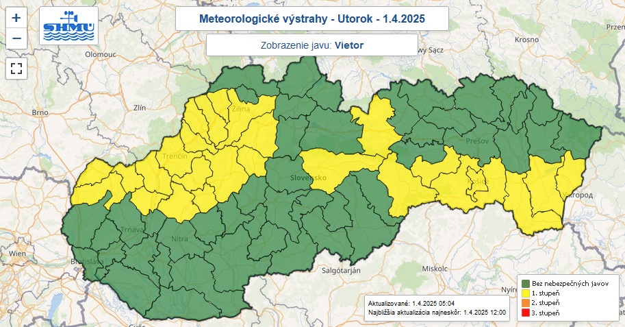 Výstraha prvého stupňa pred silným vetrom vydaná je na utorok 1. apríla 2024 pre žltou farbou označené okresy Slovenska.
