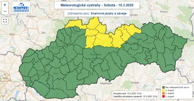 Výstraha prvého stupňa pred snehovými jazykmi a závejmi je vydaná pre okresy označené žltou farbou.