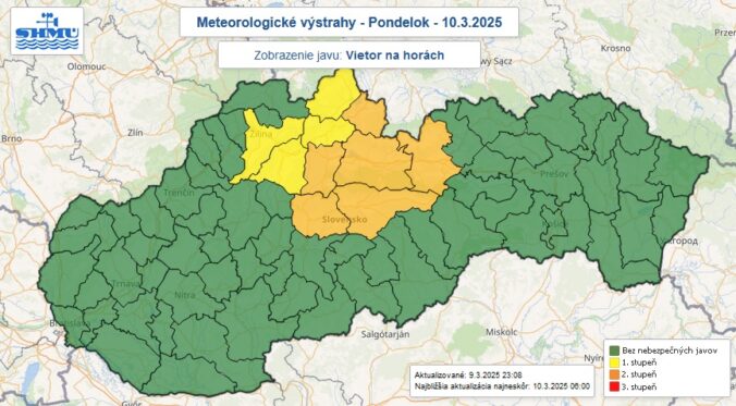 Výstrahy prvého a druhého stupňa pred silným vetrom na horách vydané na pondelok 10. marca 2025.