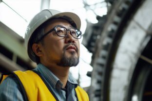 Industrial Engineer in Hard Hat Observing Machinery in Factory Setting