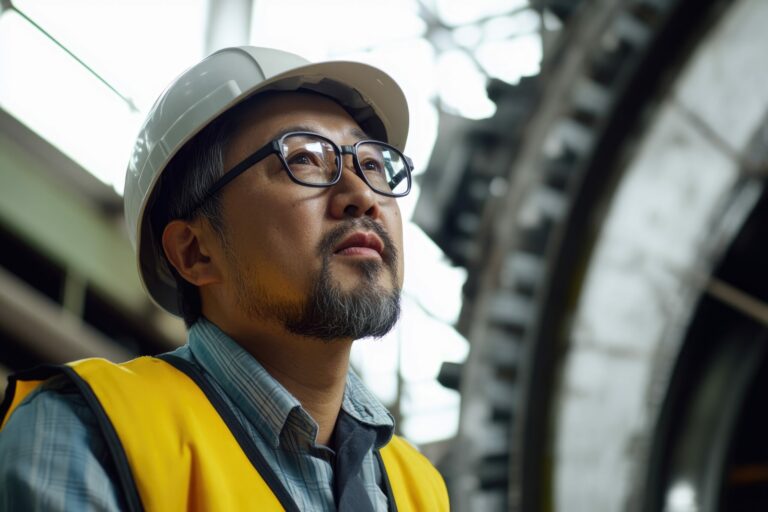 Industrial Engineer in Hard Hat Observing Machinery in Factory Setting
